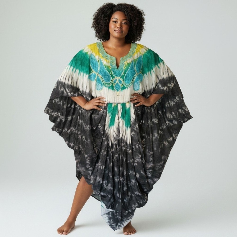 Vintage Handmade African Boubou Kaftan Maxi Dress Tie Dye Embroidered One Size